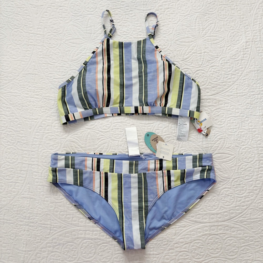 prAna Women's Morning Glory Stripe High-Neck Halter and Hipster Bikini Set XL